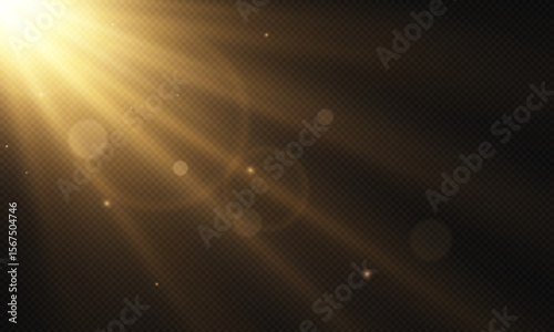 Sunlight flare or lens light effect on transparent background. Glowing light burst with sparkle. Spotlight glitter, explosion ray, flash and glare for new year or christmas. Light leak bokeh texture.