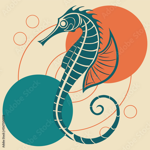 Stylized seahorse illustration with circles in teal orange and beige color palette art design style