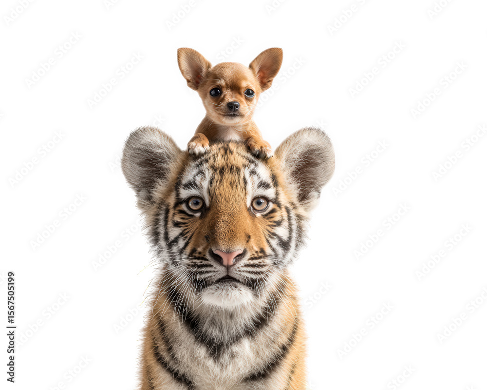 Obraz premium Tiger chihuahua animal pet mammal isolated transparency background adorable cute friendship playful small dog sitting on tiger head unique animal companionship creative concept