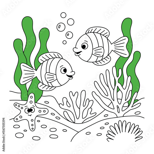 Two happy cartoon fish swim in the ocean surrounded by seaweed coral and a starfish