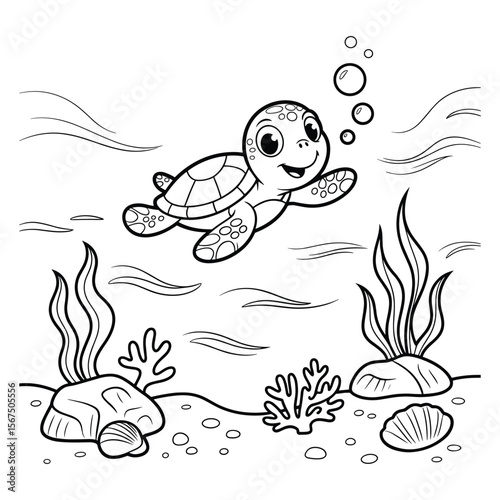 Cute cartoon baby sea turtle swimming happily underwater with bubbles and coral