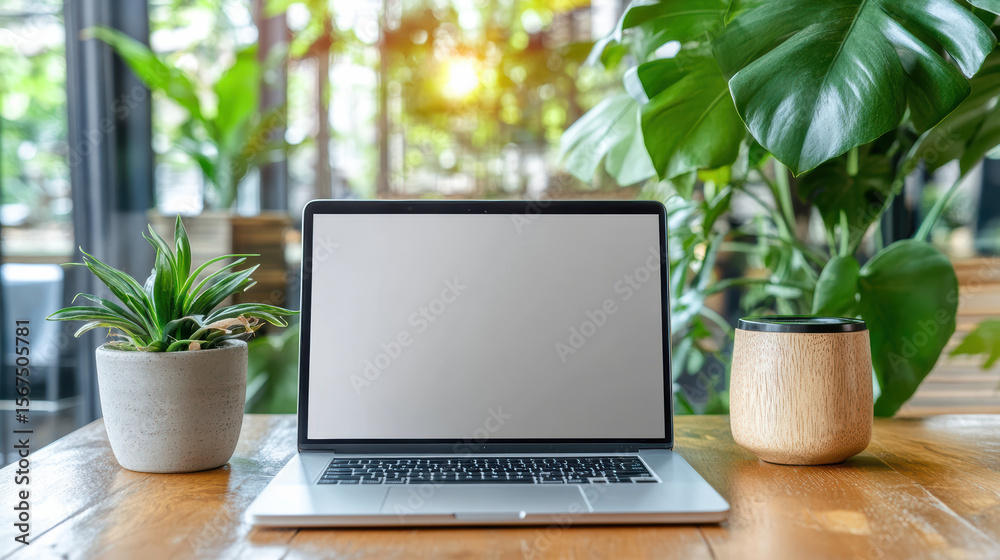 Fototapeta premium Modern laptop on wooden table surrounded by green plants, creating serene workspace atmosphere