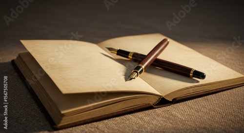 Wallpaper Mural Vintage open notebook with classic fountain pens ready for writing and journaling on a textured Torontodigital.ca