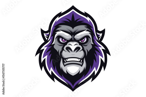 Fierce purple gorilla face showcases its teeth and stares intensely forward aggressively