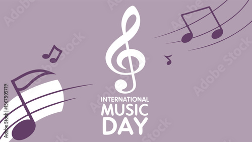 International Music Day:  Elegant Treble Clef and Musical Notes Design, Purple and White Color Palette, Celebratory and Festive Mood, Vector Illustration.
