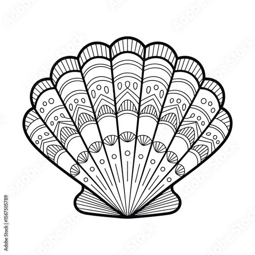 Intricate black and white line art seashell mandala design with geometric patterns