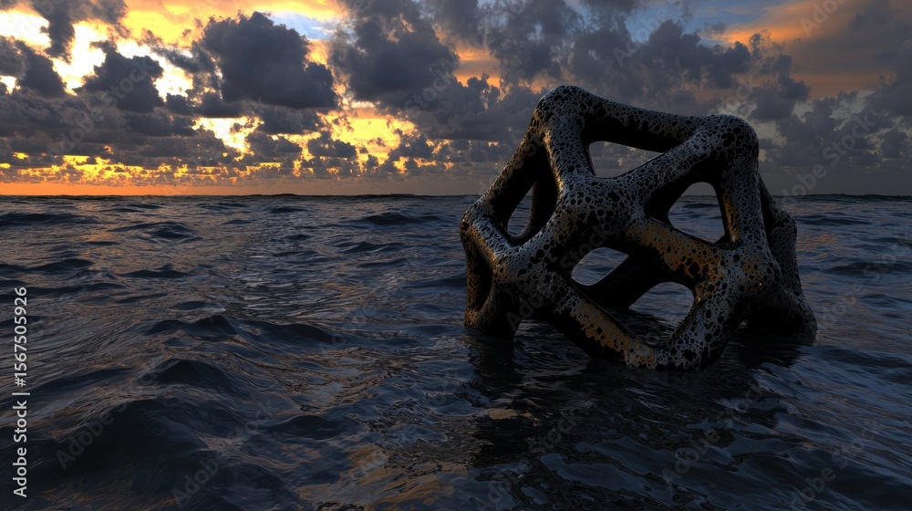 Fototapeta premium A dark, rocky, and textured sculpture sits in the ocean at sunset.