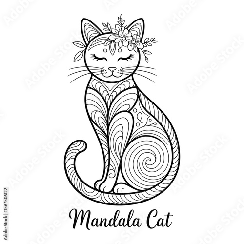 Elegant black and white line art of a sitting cat adorned with a floral crown and intricate mandala patterns