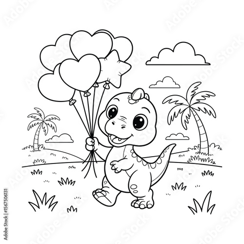 Cute cartoon dinosaur holding a bunch of heart and star shaped balloons in a tropical setting