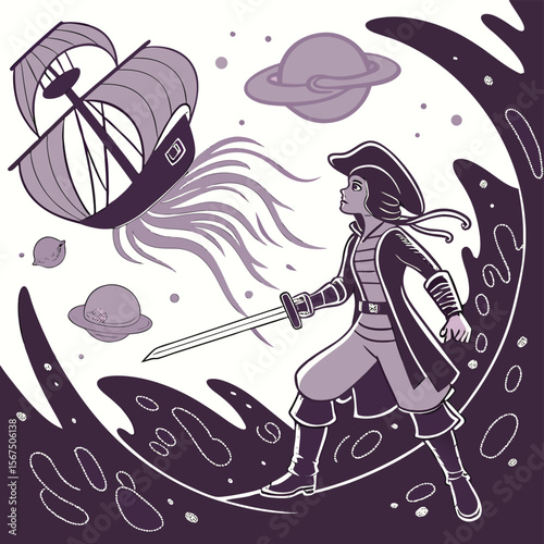 A pirate in space faces a ship with tentacles surrounded by planets and cosmic swirls in monochrome