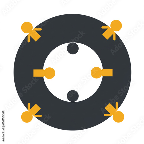 A circular meeting space with stylized figures surrounding a table.