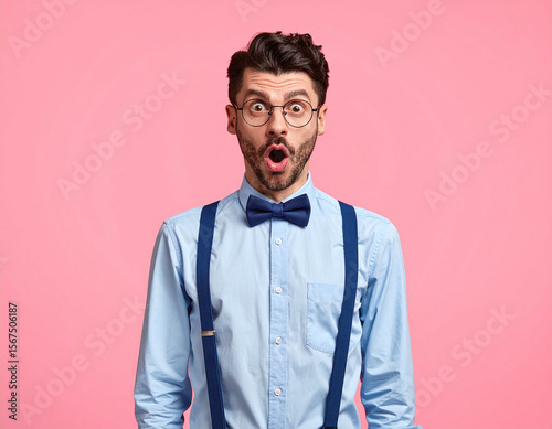 Shocked hipster man in blue shirt and suspenders with funny wide-eyed look