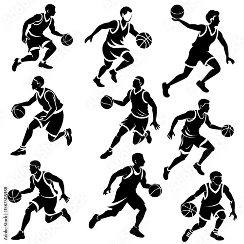 Basketball Player Vector Illustration Collection – Dynamic Athlete Poses, Dunk, Dribble, and Game Action Icons Set

