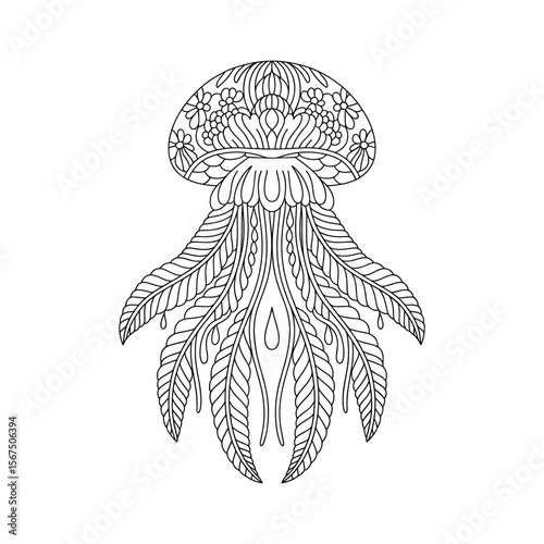 Intricate black and white line art mandala design of a jellyfish with floral elements