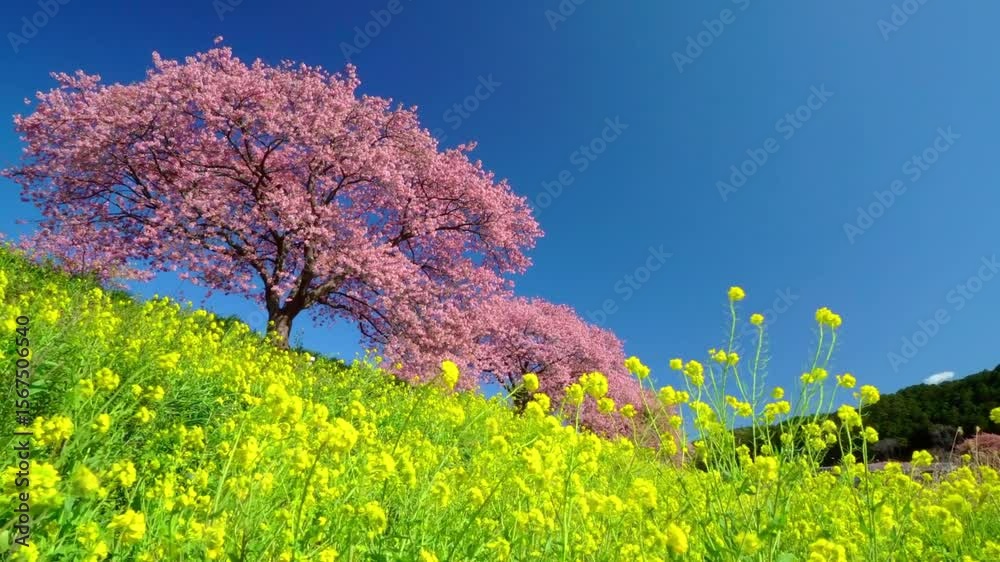 Pink cherry blossoms bloom in a yellow flower field