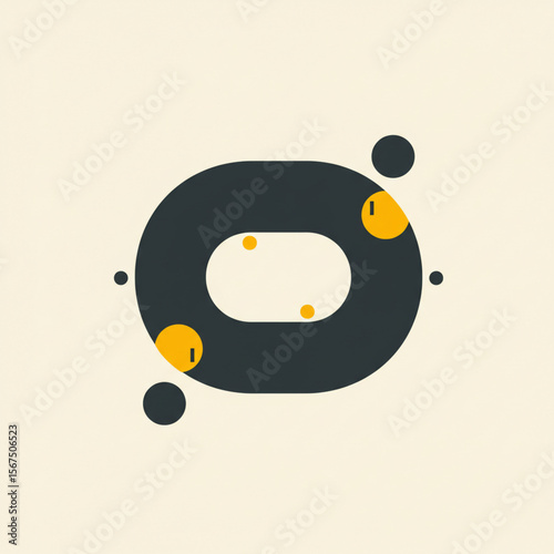 Abstract graphic design featuring a dark gray oval shape with smaller yellow circles, creating a stylized, minimalist composition.