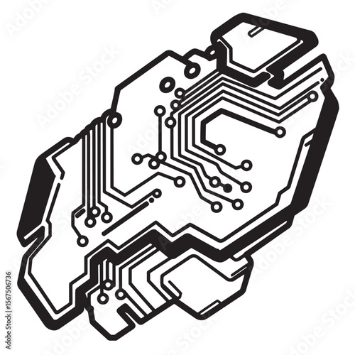 Black and white illustrated circuit board design isolated on a white background