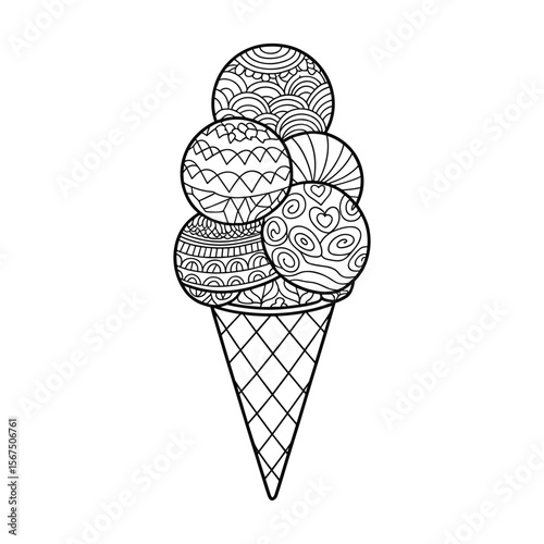 Whimsical black and white ice cream cone with intricately patterned scoops for coloring