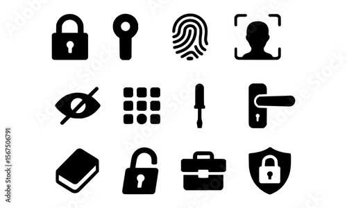 Security Icons Padlock, Key, Fingerprint, Face ID, and More
