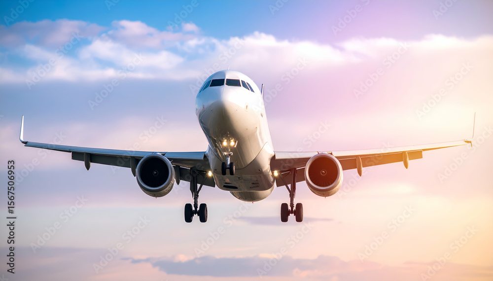Fototapeta premium Airplane Landing Sunset Sky.