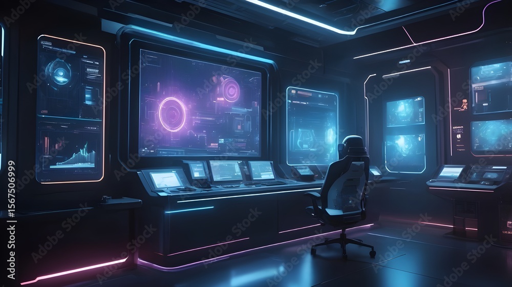 Obraz premium Sci-Fi Command Center with Holographic Core Display