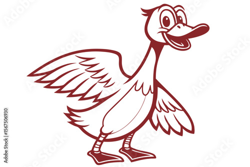 Happy cartoon duck stretches its wings ready to fly in a cheerful format