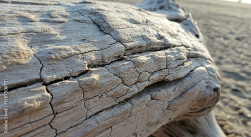 Weathered driftwood displays intricate cracks and textures, revealing its age and exposure to elements.  Beach sand provides context