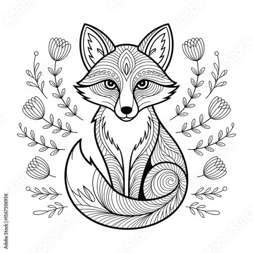 Intricate black and white line art illustration of a stylized fox surrounded by floral elements