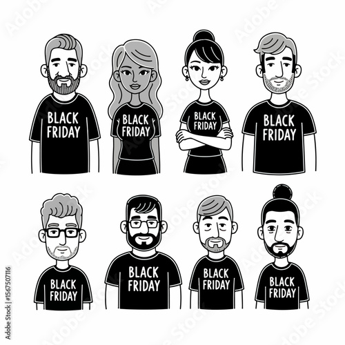 Black Friday people set diverse characters promotional apparel