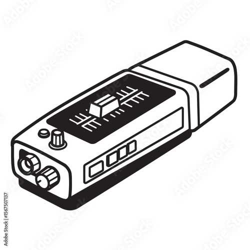 Black and white illustration of a retro recorder in a minimalist style