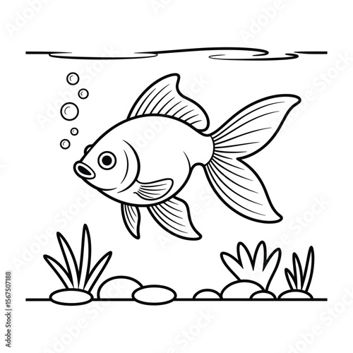 Simple black and white line drawing of a goldfish swimming underwater with bubbles and aquatic plants