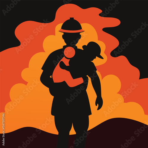 Silhouette of a Firefighter Rescuing a Child from a Fiery Disaster