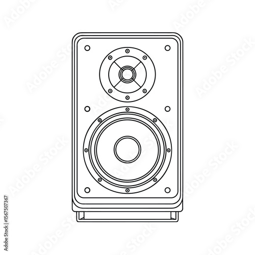 Stylized black and white outline drawing of a modern two way audio speaker system