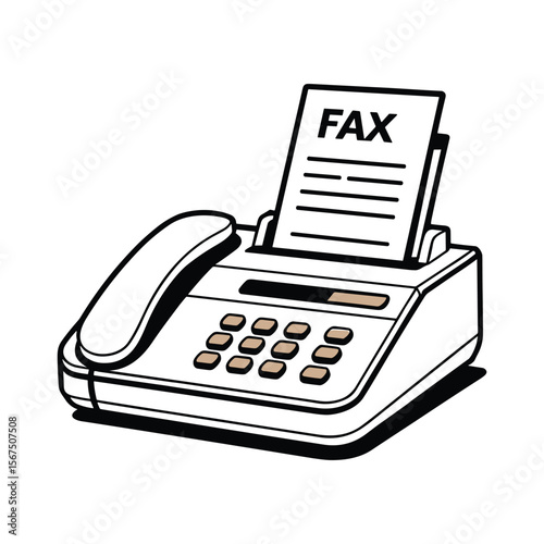 Retro fax machine with handset and paper displaying the word fax in a clean illustration