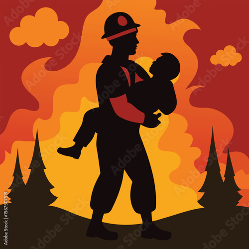 Brave Firefighter Rescuing Child from Fiery Blaze in Forest