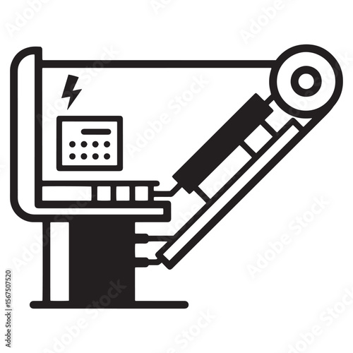 Black and white illustration of industrial belt sander machine with control panel