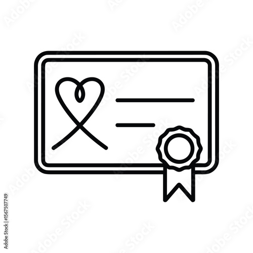 Simple outline icon of a certificate with a heart and a ribbon award