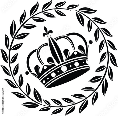 Stylized black crown adorned with laurel wreath branches and leaves isolated on transparent background