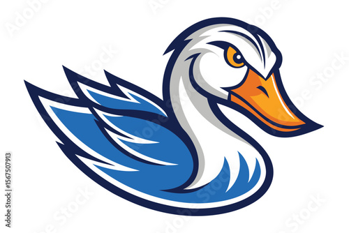 Fierce white duck with orange beak displays vibrant blue feathers in a image
