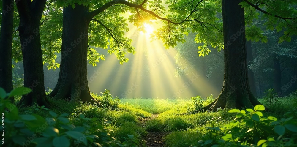 Obraz premium A tranquil forest scene with gentle sunlight filtering through leaves, creating a peaceful and serene soundscape Ideal for relaxation, meditation, or nature documentaries , earthy tones, spring