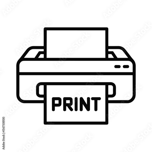 Simple black line art icon of a printer with the word print on paper