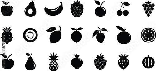 Fruits silhouette set featuring 20 iconic fruit shapes for healthy food and tropical design themes
