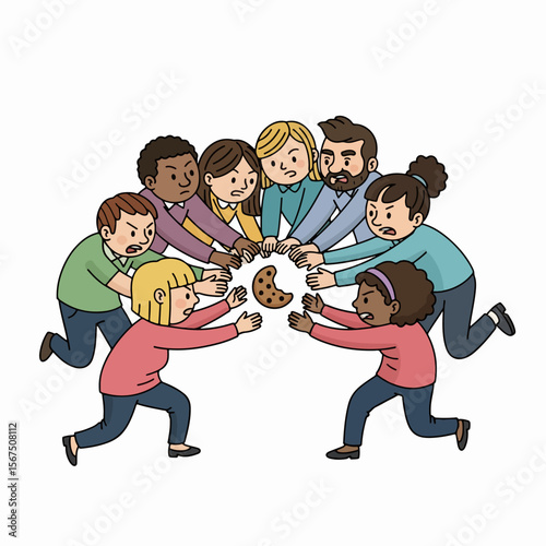 Group fighting over cookie funny cartoon people