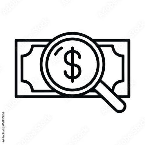 Magnifying glass examining a dollar bill symbol representing financial analysis and economic research