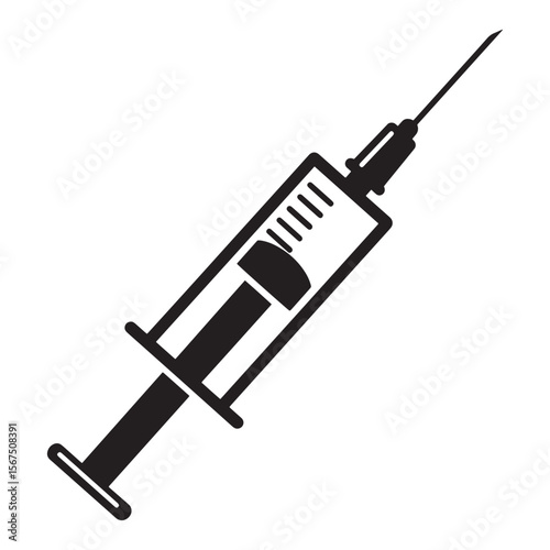Black and white vector illustration of a syringe medical equipment for health concepts