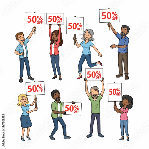 People holding sale signs, discount promotion, happy customers