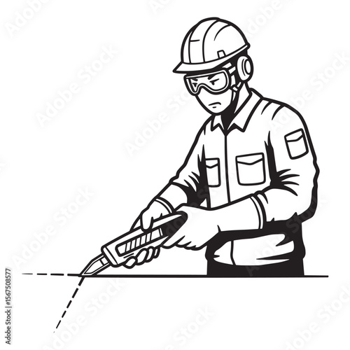 Construction worker wearing protective gear precisely cutting with a utility knife monochrome illustration