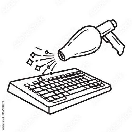 Cleaning a computer keyboard with an air blower in a simple black and white illustration