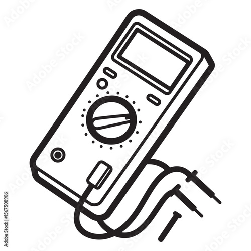 Detailed line art illustration of a digital multimeter with probes for electrical testing