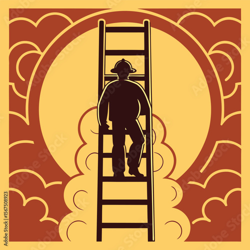 Firefighter Ascending Ladder Towards Bright Future Success Achievement